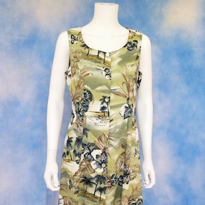Vintage 80s 90s Muted Greens Hawaiian Sleeveless Rayon Maxi Sundress with Shell Buttons/ Teddi Dresses/ Size S-M