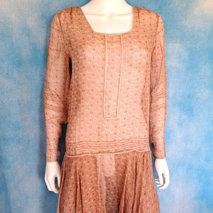 Vintage Antique 1920s Cotton Gauze Calico Day Dress, Fawn Tan w Rust & Cream Rose Print, White Piping, Drop Waist, Pin Tucks/Made in France