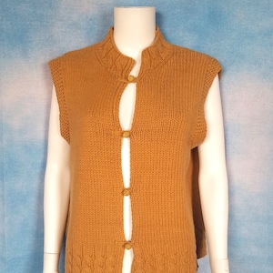 Vintage Dusty Goldenrod Cotton Blend Chunky Cable Knit Mockneck Frog Closure Layering Vest/ Size M-L