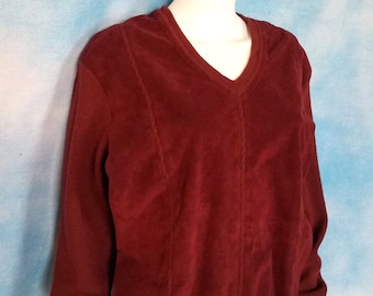 Vintage 70s Burgundy Maroon Suede and Boiled Wool Cable Knit V Neck Sweater/ St. Croix Knits, Expressly for Taffy’s/ Size M-L