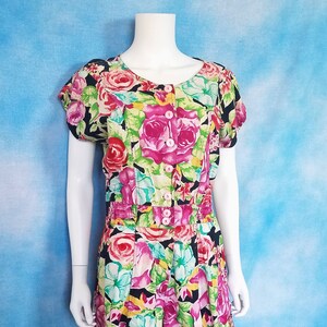 Vintage 80s Indian Cotton Black Floral Wide Leg Shorts Romper with Giant Roses/ Size M
