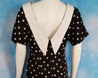 Vintage 80s Black and White Polka Dot Wiggle Dress with White Collar/ David Benjamin/Size M-L