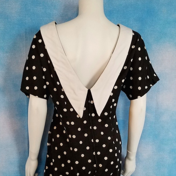 Vintage 80s Black and White Polka Dot Wiggle Dress with White Collar/ David Benjamin/Size M-L