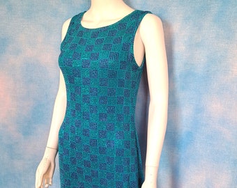 Vintage 90s Turquoise and Royal Blue Glitter Spandex Deco Geometric Bodycon Dress/ John Roberts/ Size Small to Medium