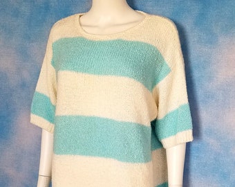 Vintage 80s White and Robin’s Egg Blue Wide Horizontal Striped Grunge Boucle Nubby Knit Short Sleeved Sweater Top/ Beall’s Women’s