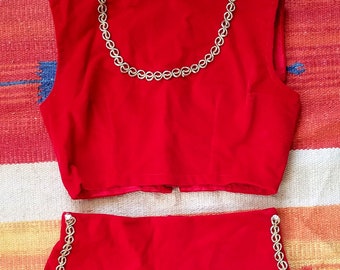 Vintage 60s Hand Made Red Velvet 2 Piece Majorette Twirler Outfit with Gold Trim/ Size XXXS or Juniors/Youth