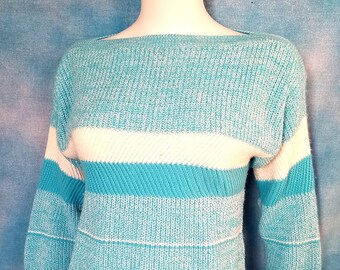 Vintage 80s Sky Blue and White Marled Striped Sweater with Chevron Stripe and Boat Neck/ Jolie of New York/ Size M