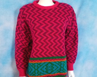 Vintage 80s Bright Jewel Toned Zigzag Marled Sweater, Wool Blend, Tapered Sleeves, Magenta, Green, Turquoise and Gold/ Lizsport/ Size S