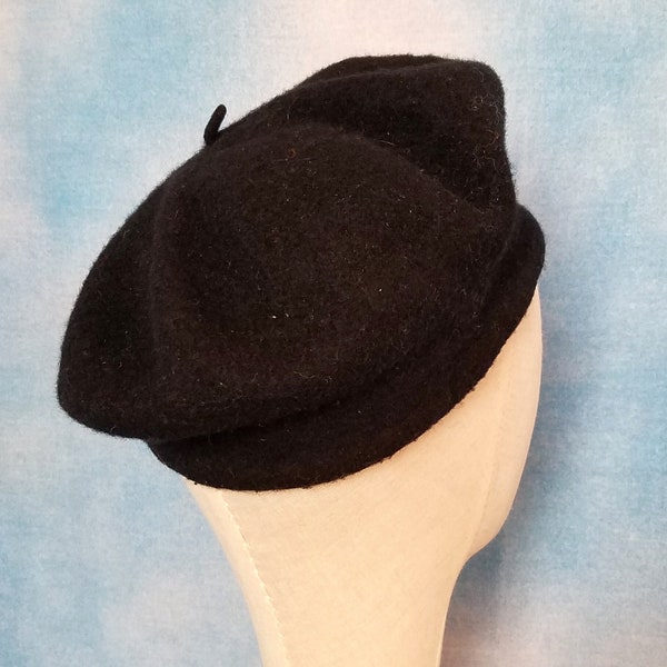 Vintage French Style Black Soft Boiled Felted Wool Beret Cap Hat/ Head Size 18”-21”