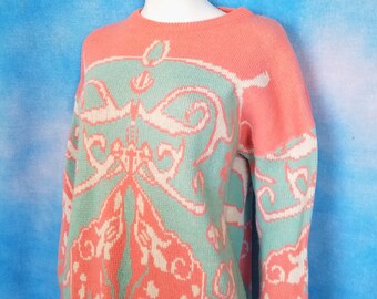 Vintage 80s Coral, Aqua and White Pastel Graphic Knit Oversized Sweater with Giant Mirrored Baroque Pattern/ A Bendetto/ Size L