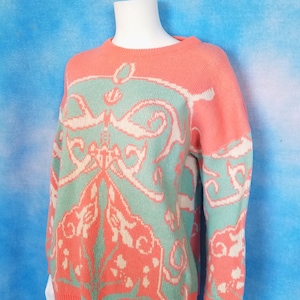 Vintage 80s Coral, Aqua and White Pastel Graphic Knit Oversized Sweater with Giant Mirrored Baroque Pattern/ A Bendetto/ Size L