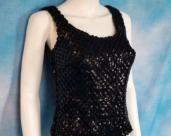 Vintage 60s Black Sequined Sleeveless Tank Shell Top with Zipper Back, Deeper Scooped Neckline/ Union Made/ Size S