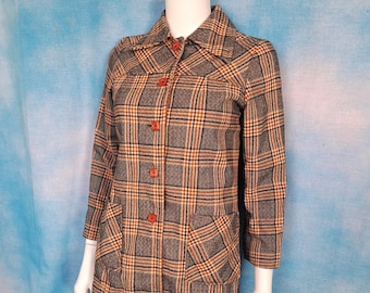 Vintage 1940s Wool Plaid Lined 49er Jacket, Dark Blue, Gold and White, Square Buttons/ Size XS Petite
