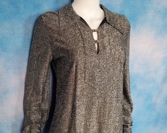 Vintage 70s Silver Lurex Glitter Tunic Style Disco Shirt with Bishop Sleeves/ Jami Originals/ Size 12 (M)