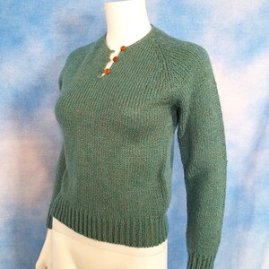 Vintage 70s or 80s Verdigris Dusty Teal Marled Raglan Sleeve Henley Sweater with Wooden Buttons/ alpenblick/ Size 34 (XS-S)