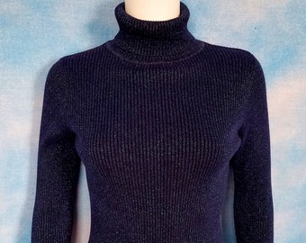 Vintage 90s Y2K Indigo Rib Knit Tight Turtleneck With Blue 