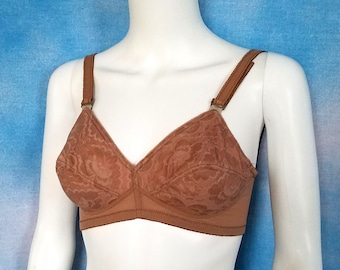 Vintage 70s Fawn Brown Bra With Lace Lightly Padded Cups, No