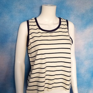 Vintage AS IS 90s White and Blue Striped Cotton Jersey Tank Top/ Cabin Creek/ Size Medium