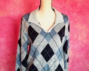 Vintage 70s Blue Notch Neck Shawl Collar Argyle Sweater/ Size M