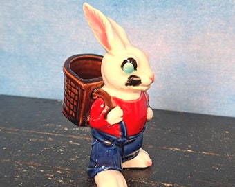 Vintage 60s White Porcelain Rabbit Figurine Wearing Red Shirt and