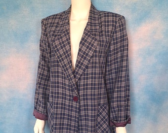 Vintage 80s or 90s Women’s Plus Size Blue Plaid Summer Weight Unlined Wool Blend Cuffed Single Button Oversized Blazer