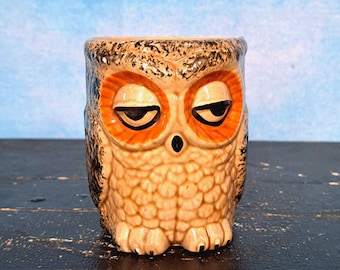 Vintage 70s Sponge Painted Sleepy Ceramic Owl Cup - Etsy