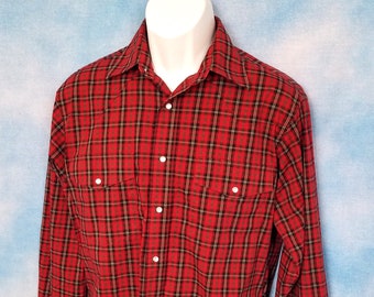 Vintage 90s Mens’ Red and Brown Mini-Plaid Western Pearl Snap Shirt/ Wrangler/ Size M