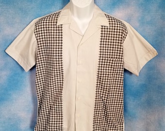 Vintage 1997 Mens Light Pearl Gray and Black and White Gingham Sport Shirt Golf Shirt Guayabera/ Anto Beverly Hills/ Medium Tall