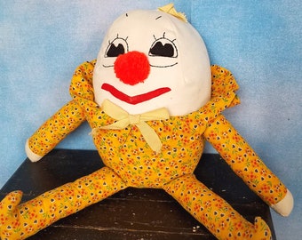 Vintage 60s Large Hand Made Cloth Stuffed Humpty Dumpty Doll with Pom Pom Nose, Yellow Floral and Heart Calico Suit