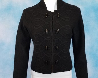 Vintage Black Boiled Wool Cropped Bolero Jacket with Scrollwork Designs and Barrel Buttons/ Wearing Your Heart On Your Sleeve/ Size M
