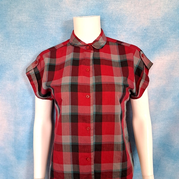 Vintage 80s does 40s-50s Women’s Red and Gray Madras Plaid Camp Shirt with Tab Sleeves, Peter Pan Collar/ Spare Parts from California/ S-M