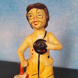 Vintage 60s or 70s Ceramic Singing Clown Figurine, Tiny Hat Over Heart, Umbrella/ Made in China