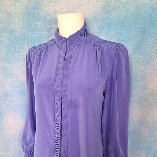 Vintage Late 70s French Lilac Blue Silky Blouse with Bias Pintuck Pleated Detailing, High Neck, Bishop Sleeves/ Gailord/ Size S-M