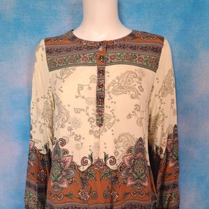 Vintage Late 90s or Y2k Tunic Long Sleeved Henley Hippie Blouse, White with Muted Pastel Floral Designs/ Coldwater Creek/ Size S