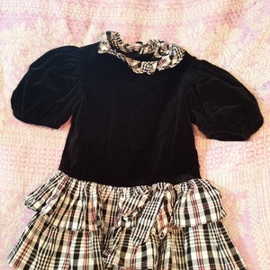 Vintage 80s Toddler Black Velvet Puff Sleeved Party Dress with Tartan Taffeta Skirt/ Nannette/ Size 2T image 1