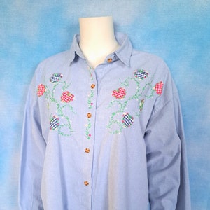 Vintage 90s Light Blue Chambray Button Down Drop Shoulder Shirt with Gingham Hearts, Floral and Vining Embroidery/ Mystic Blues/ Size XL