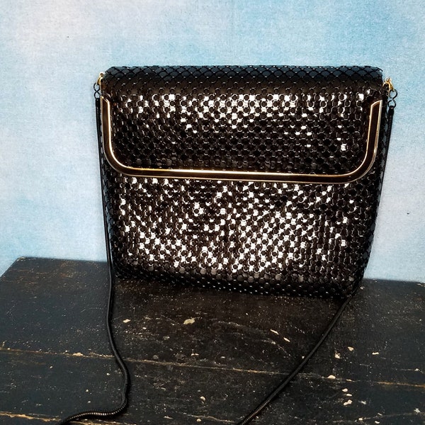 Vintage 80s Black Liquid Shiny Aluminum Mesh Crossbody Shoulder Evening Bag, Slinky Snake Chain Strap/ Aluminum Interpur, Made in Hong Kong