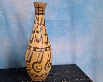 Vintage MCM Studio Art Pottery Brutalist Vase, Beige with Brown Primitive Painted Designs/ Signed, Roger Olson