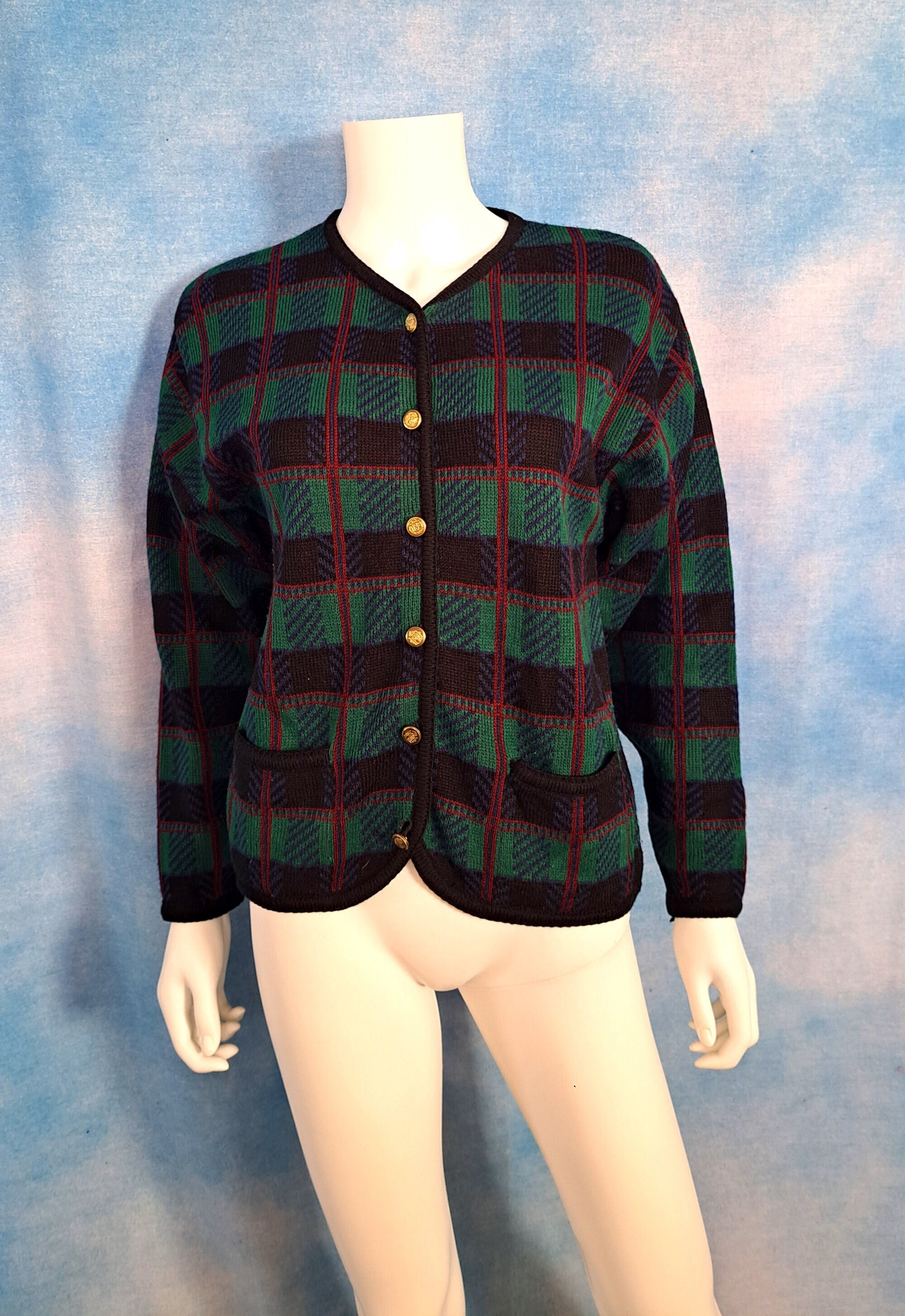 カーディガン 90s vintage cotton knit cardigan sweater Vintage 80s or 90s Plaid Knit Cardigan Sweater, Green, Black