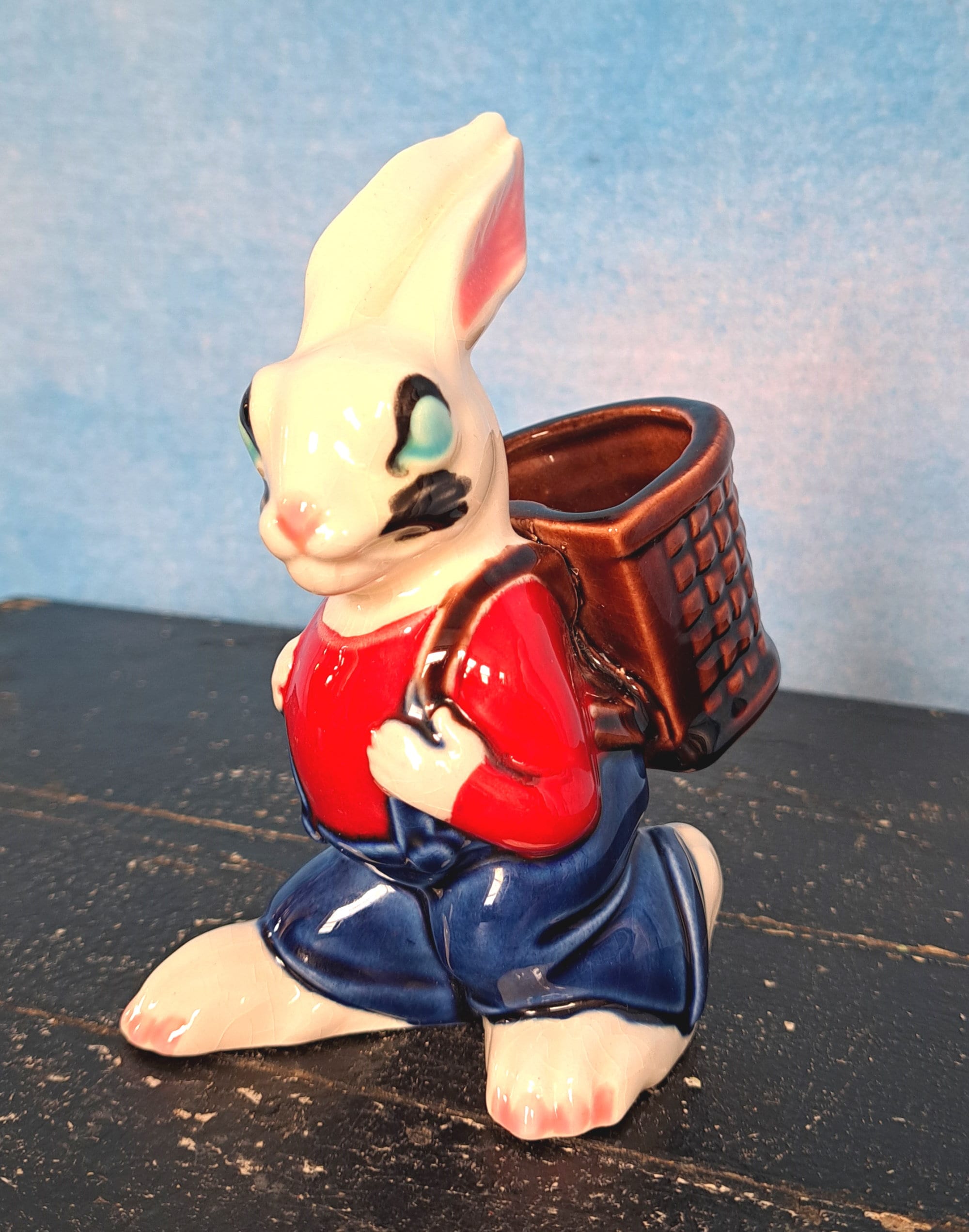 Vintage 60s White Porcelain Rabbit Figurine Wearing Red Shirt and
