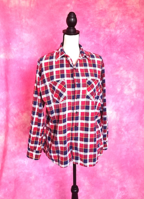 Vintage 70s or 80s Plaid Cotton Flannel Shirt/ Mi… - image 2