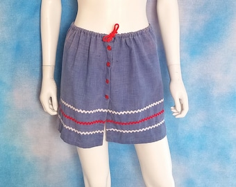 Vintage 70s Blue Chambray Button Down Mini Skirt with Drawstring Waist and White and Red Ricrac/ Size S-M