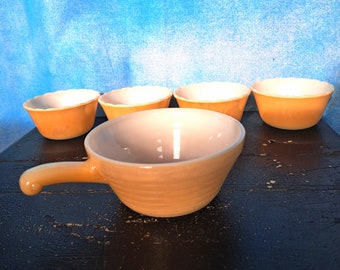 Vintage 60s Fire King Peach Copper Luster 4 Custard Cups and 1 Beehive Bowl with Handle Dish Set