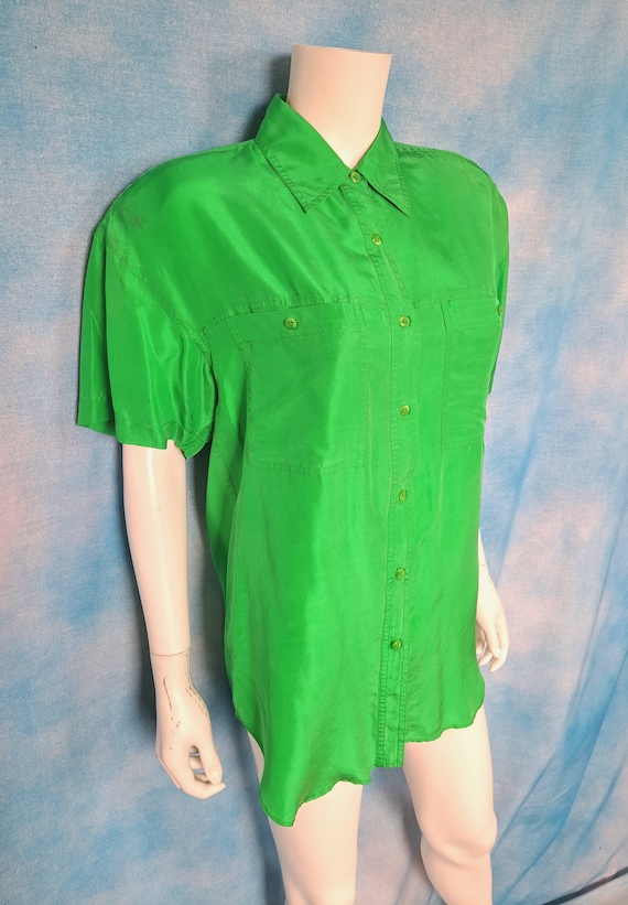 Vintage 90s Lime Peel Green Silk Camp Shirt Blous… - image 3