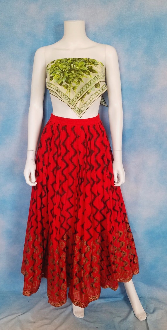 Vintage 70s or 80s Bright Ruby Red Indian Cotton V