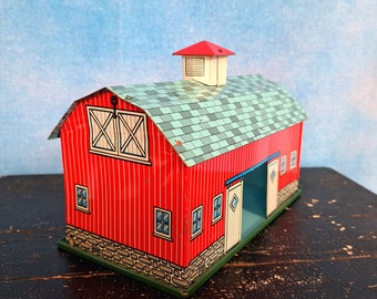 Vintage 1950s Ohio Art Lithographed Toy Tin Barn, 8.25” Length