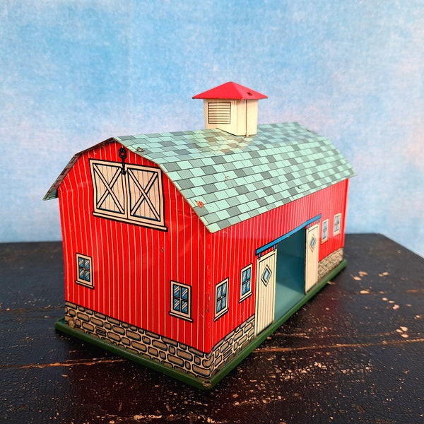 Vintage 1950s Ohio Art Lithographed Toy Tin Barn, 8.25” Length