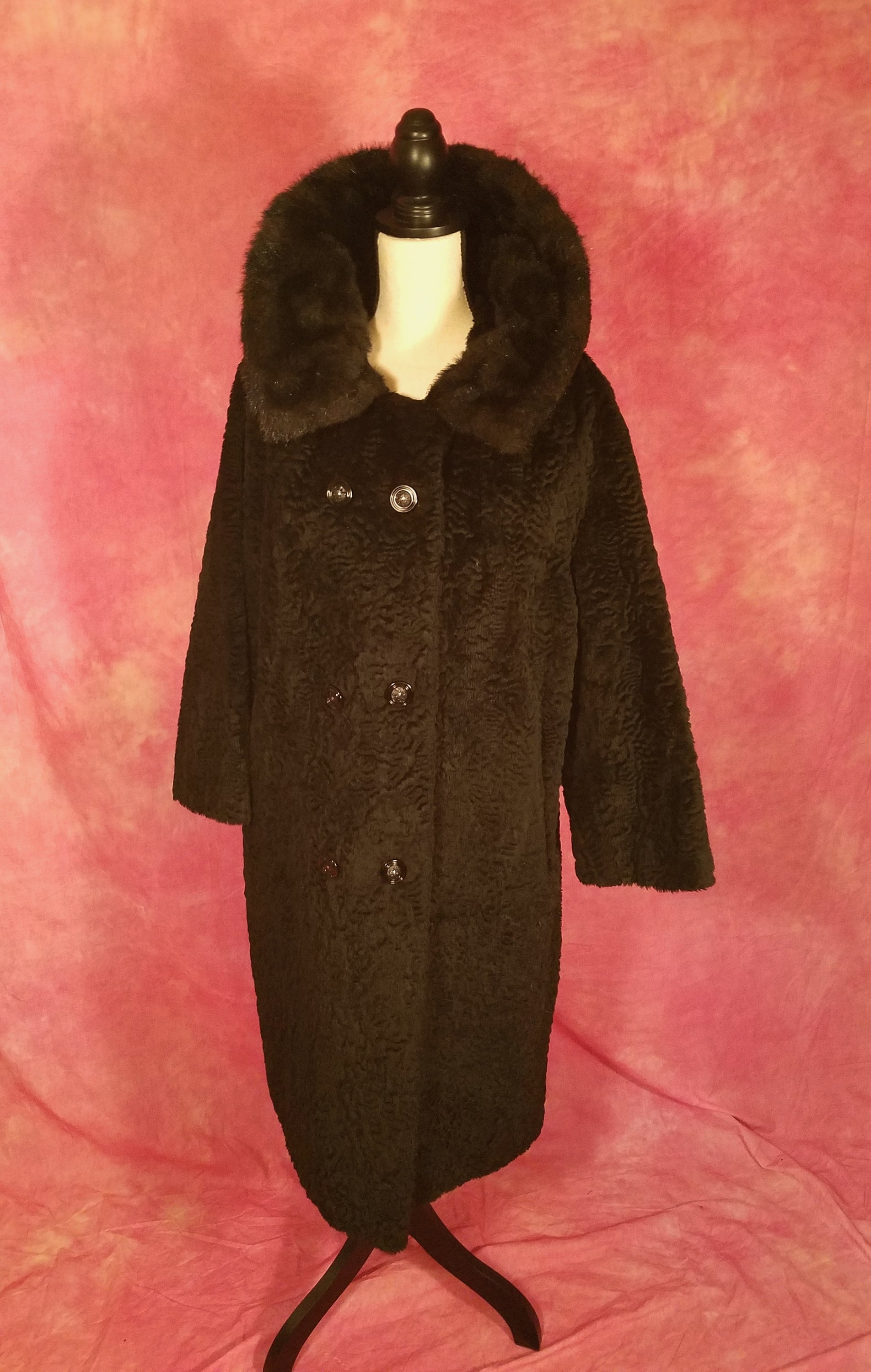 Vintage 60s Custom Made Black Faux Persian Lamb and Fur Double