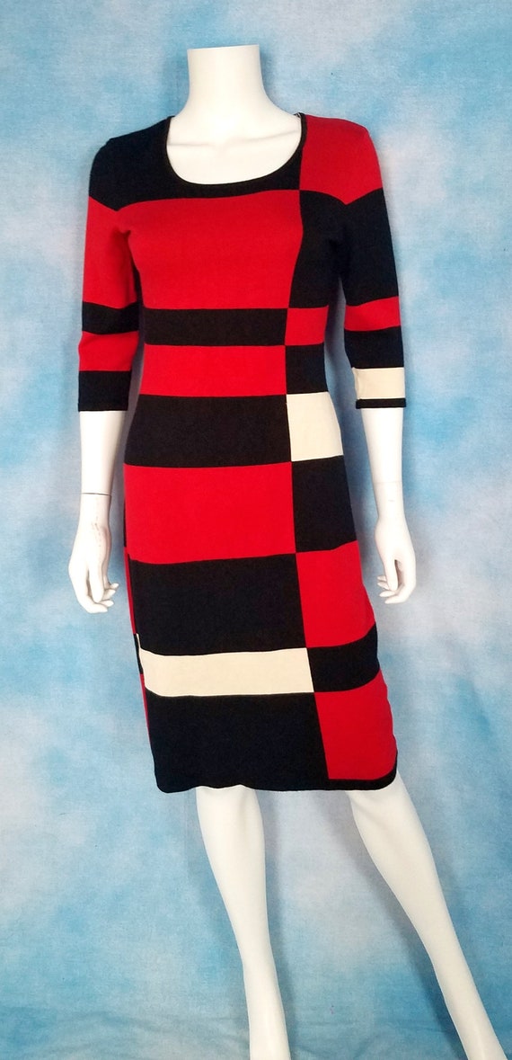 Vintage 90s Knit Bodycon Geometric Color Block Mo… - image 3