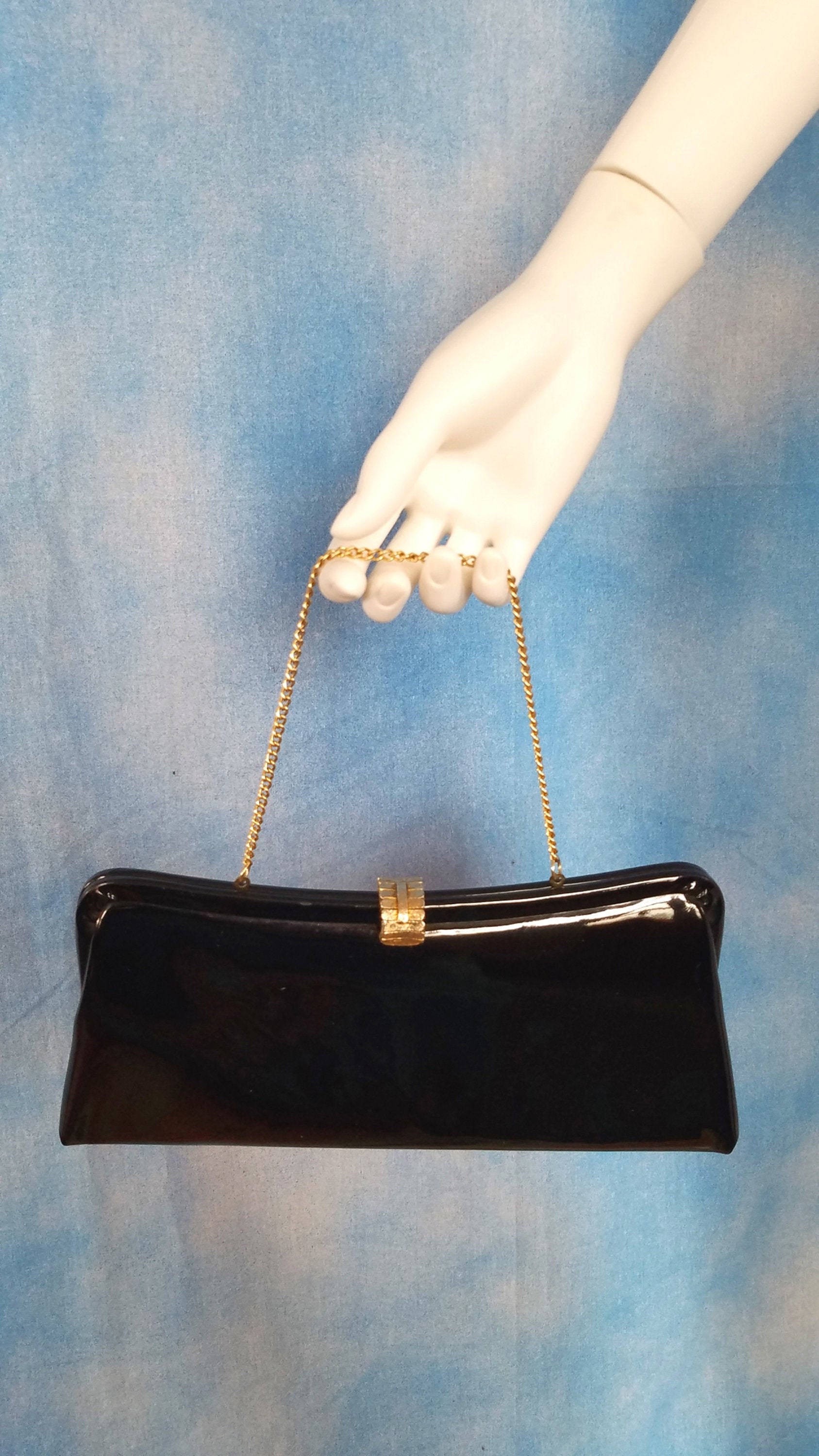 Vintage 60s Black Patent Leather Handbag With Gold Chain